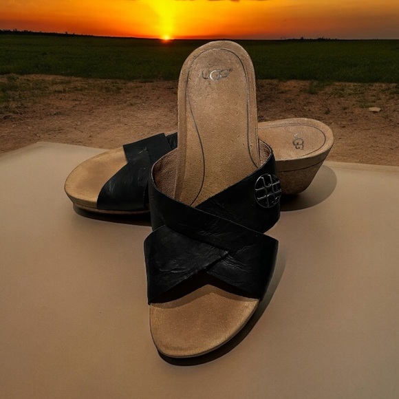 UGG Women’s Sandal Lyra Black Leather Wedge Cork Heel. Size 8.5. - Picture 6 of 8